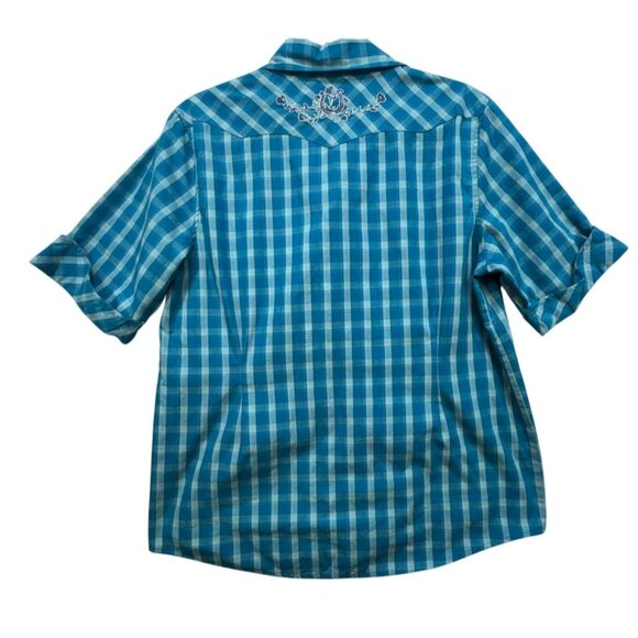 Bit & Bridle Womens Button-Up Short Sleeve Shirt L Blue Plaid Embroidered Accent - Picture 8 of 9